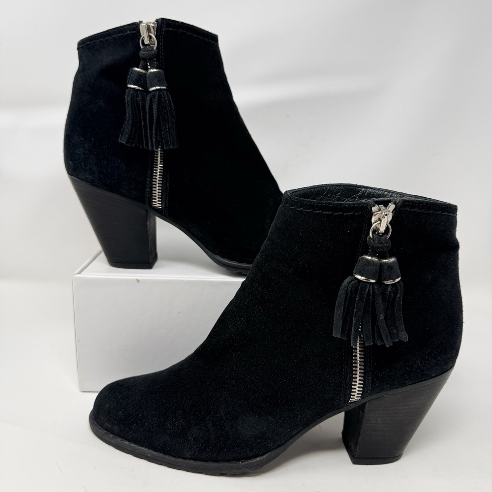 Stuart Weitzman Prancing Ankle Boots Womens 7 M Black Sport Suede Tassel Booties